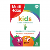 Löytö! Parasta ennen 31.5.2024 Multi-tabs Kids Maitohappobakt. + B1- ja B6-vitamiini vadelma-Appelsiini 30 purutabl.